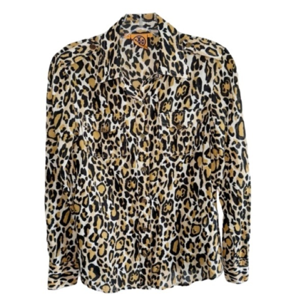 Tory Burch Leopard Print Long Sleeve Button Front Gold Buttons Sz 2 MobWife - Picture 15 of 15